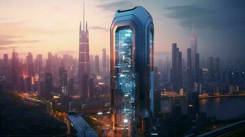 futuristic skyscraper reflects city life at dusk photo