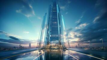 futuristic skyscraper with modern glass facade reflects photo