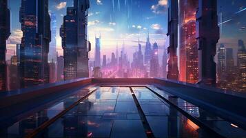 futuristic skyscraper reflects vibrant city life at dusk photo