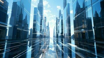 futuristic skyscraper with modern glass facade reflects photo
