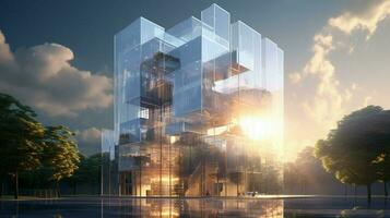 futuristic skyscraper with modern glass facade reflects photo