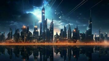 futurista rascacielos iluminar el ciudad a noche foto