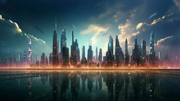 futurista rascacielos iluminar el moderno ciudad horizonte foto