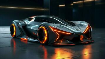 futurista Deportes coche iluminado por brillante faros foto