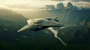 futuristic spaceship boldly explores mountain range lands photo
