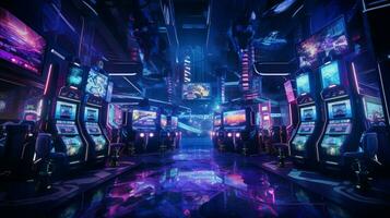 futuristic video game equipment illuminated in nightclub photo