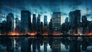 glass skyscrapers reflect city life at dusk photo