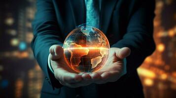 global businessman holding glowing sphere futuristic common photo