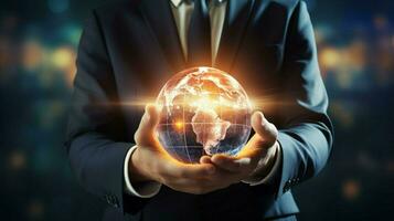 global businessman holding glowing sphere futuristic common photo