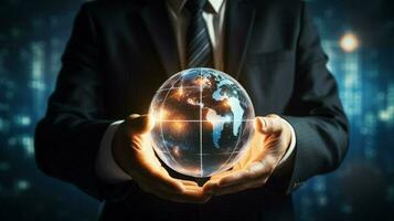 global businessman holding glowing sphere futuristic common photo