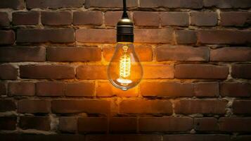 glowing antique light bulb illuminates brick wall photo