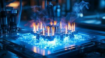 glowing blue flame heats semiconductor equipment indoors photo
