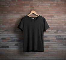 Black t shirt mockup with brick background ai generate photo