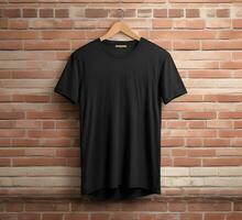 Black t shirt mockup with brick background ai generate photo