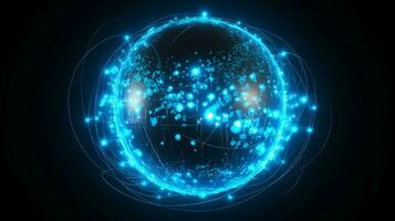 glowing blue sphere displays global data patterns photo