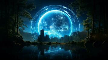 glowing blue sphere orbits earth illuminating nature photo