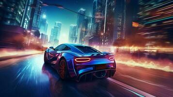 glowing car zooms through futuristic city streets photo