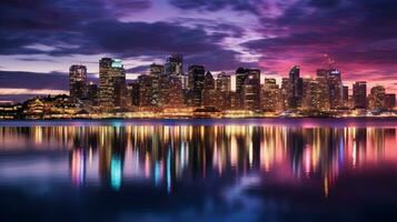 glowing cityscape reflects on waterfront at twilight photo