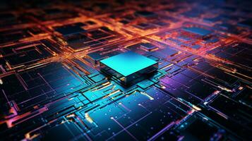 glowing computer chip complexity of electronics industry photo