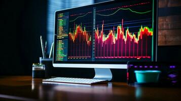 glowing computer monitor displays financial figures photo