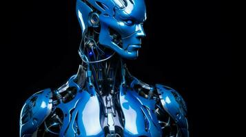 glowing cyborg statue illuminated in blue mystery photo