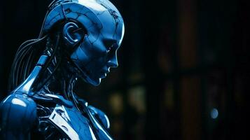glowing cyborg statue illuminated in blue mystery photo