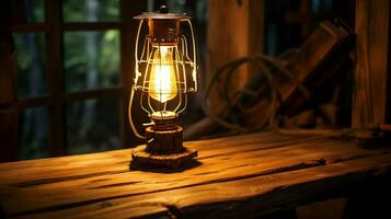 glowing electric lamp illuminates rustic wooden table photo