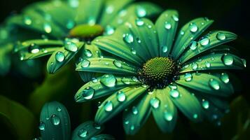 glowing green dew drops adorn daisy petals photo