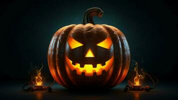 glowing pumpkin lantern illuminates halloween night photo