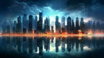 glowing skyscrapers shape the modern cityscape backdrop photo