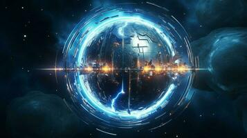 glowing spaceship orbits sphere in deep space photo