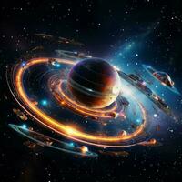 glowing spaceship orbits planet in starry galaxy photo