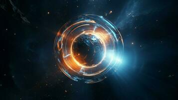 glowing spaceship orbits sphere in deep space photo