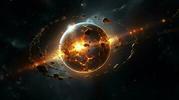 glowing spaceship orbits sphere in deep space photo