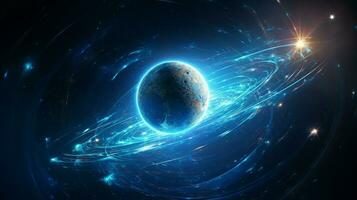 glowing sphere orbits blue planet in space photo