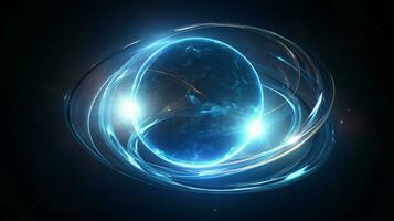 glowing sphere orbits blue planet in space photo