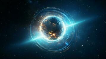 glowing sphere orbits planet earth in space photo