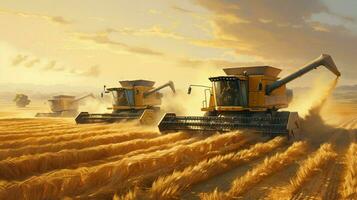 golden combine harvesters work in wheat fields cutting photo