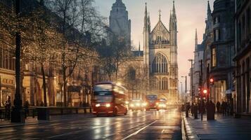 gothic architecture illuminated by street lights at dusk photo