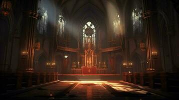 gothic chapel with illuminated altar and pew photo