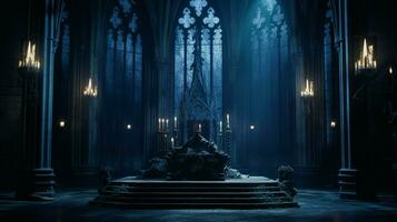 gothic chapel with illuminated altar and pew photo