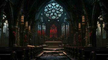 gothic chapel with ancient stained glass and pews photo