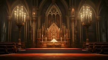 gothic chapel with illuminated altar and pew photo