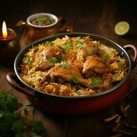 gourmet chicken biryani with steamed basmati rice photo