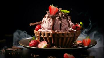 gourmet dessert chocolate ice cream with strawberry slice photo