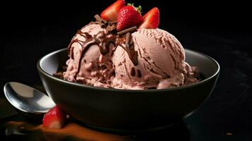 gourmet dessert chocolate ice cream with strawberry slice photo