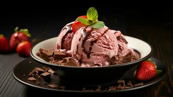 gourmet dessert chocolate ice cream with strawberry slice photo