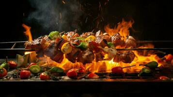 gourmet food grilled over glowing flame for party photo