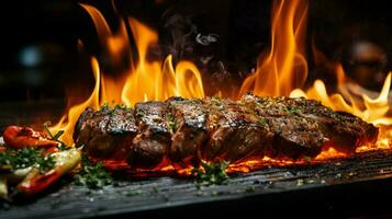 gourmet food grilled over glowing flame for party photo