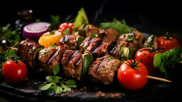 gourmet grilled meat skewers with fresh vegetables photo